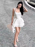 Niulatu A line Straps White Short Homecoming Dress 19th Birthday Outfits HZ1110
