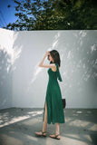 Niulatu A Line Green Satin Slit Long Prom Dresses Formal Dress HZ1110