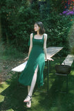 Niulatu A Line Green Satin Slit Long Prom Dresses Formal Dress HZ1110