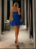 Niulatu Royal Blue A Line Spaghetti Straps Satin Hollow Short Homecoming Dress 18th Birthday Outfits HZ1110