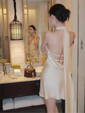 Niulatu A line Halter Champagne Short Homecoming Dress 19th Birthday Outfits HZ1110