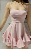 Niulatu A Line Spaghetti Straps Pink Satin With Ruffle Hem Short Homecoming Dress 18th Birthday Outfits HZ1110