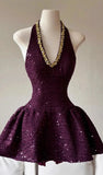 Niulatu A Line Halter Grape Satin Sequin Short Homecoming Dress 21th Birthday Outfits HZ1110