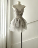 Niulatu Gray A Line Spaghetti Straps Tulle Beads Short Homecoming Dress 17th Birthday Outfits HZ1110