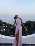 Niulatu A Line Halter Pink Chiffon Slit Long Prom Dresses Formal Dress HZ1110