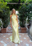Niulatu Mermaid Pastel Yellow Halter Satin Backless Long Prom Dresses Formal Dress HZ1110