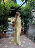 Niulatu Mermaid Pastel Yellow Halter Satin Backless Long Prom Dresses Formal Dress HZ1110