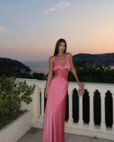 Niulatu Mermaid Halter Satin Lace Long Prom Dresses Formal Dress HZ1110