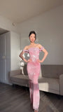 Niulatu Mermaid Off The Shoulder Pink Satin Sequin Long Prom Dresses Formal Dress HZ1110