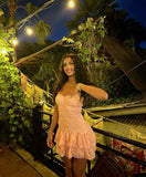 Niulatu A Line Strapless Satin Lace Tiered Mini Short Homecoming Dress 17th Birthday Outfits HZ1110