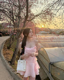 Niulatu Pink A Line Spaghetti Straps Lace Chiffon Ruffles Mini Short Homecoming Dress 19th Birthday Outfits HZ1110