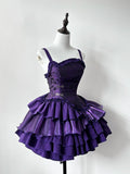 Niulatu Purple Ball Gown Spaghetti Straps Satin Tiered Mini Short Homecoming Dress 18th Birthday Outfits HZ1110