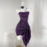 Niulatu Purple Mermaid One Shoulder Satin Pleated Short Homecoming Dress 19th Birthday Outfits HZ1110