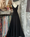 Niulatu A Line V Neck Black Satin Long Prom Dresses Formal Dress HZ1110