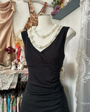 Niulatu A Line V Neck Black Satin Long Prom Dresses Formal Dress HZ1110