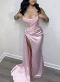 Niulatu Mermaid Strapless Pleated Satin Slit Long Prom Dresses Formal Dress HZ1110