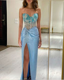 Niulatu Mermaid Sweetheart Satin Beads Pleated Slit Long Prom Dresses Formal Dress HZ1110