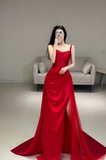 Niulatu Red A Line Spaghetti Straps Satin Slit Long Prom Dresses Formal Dress HZ1110