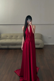 Niulatu Burgundy A Line Halter Satin Long Prom Dresses Formal Dress HZ1110