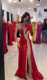 Niulatu Red Mermaid One Shoulder With One Long Sleeve Satin Beads Slit Long Prom Dresses Formal Dress HZ1110