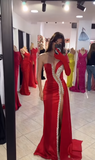 Niulatu Red Mermaid One Shoulder With One Long Sleeve Satin Beads Slit Long Prom Dresses Formal Dress HZ1110