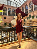 Niulatu A Line V Neck Burgundy Satin Short Homecoming Dress 18th Birthday Outfits HZ1110