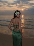 Niulatu Mermaid Strapless Green Satin Long Prom Dresses Formal Dress HZ1110