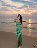 Niulatu Mermaid Strapless Green Satin Long Prom Dresses Formal Dress HZ1110