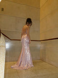 Niulatu Light Pink Mermaid Spaghetti Straps Satin Sequin Long Prom Dresses Formal Dress HZ1110
