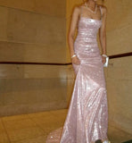 Niulatu Light Pink Mermaid Spaghetti Straps Satin Sequin Long Prom Dresses Formal Dress HZ1110