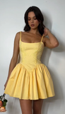 Niulatu A Line Spaghetti Straps Yellow Satin Short Homecoming Dress 19th Birthday Outfits HZ1110