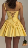 Niulatu A Line Spaghetti Straps Yellow Satin Short Homecoming Dress 19th Birthday Outfits HZ1110