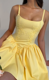 Niulatu A Line Spaghetti Straps Yellow Satin Short Homecoming Dress 19th Birthday Outfits HZ1110