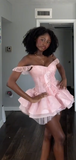 Niulatu Pink Ball Gown Off The Shoulder Satin Short Homecoming Dress 16th Birthday Outfits HZ1110
