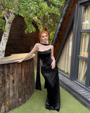 Niulatu Mermaid Strapless Black Satin Long Prom Dresses Formal Dress HZ1110