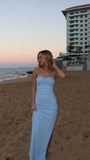 Niulatu Mermaid Strapless Pale Blue Satin Slit Long Prom Dresses Formal Dress HZ1110