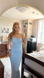 Niulatu Pale Blue Mermaid Spaghetti Straps Satin Long Prom Dresses Formal Dress HZ1110