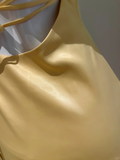 Niulatu A Line Halter Yellow Satin High-Low Ruffle Hem Prom Dresses Formal Dress HZ1110