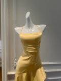 Niulatu A Line Halter Yellow Satin High-Low Ruffle Hem Prom Dresses Formal Dress HZ1110