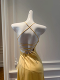 Niulatu A Line Halter Yellow Satin High-Low Ruffle Hem Prom Dresses Formal Dress HZ1110