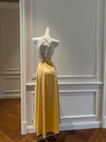 Niulatu A Line Halter Yellow Satin High-Low Ruffle Hem Prom Dresses Formal Dress HZ1110