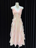 Niulatu A Line Halter Satin Ruffle Backless Long Prom Dresses Formal Dress HZ1110