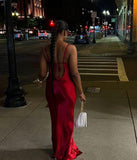 Niulatu Burgundy Mermaid Spaghetti Straps Satin Backless Long Prom Dresses Formal Dress HZ1110