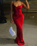 Niulatu Burgundy Mermaid Spaghetti Straps Satin Backless Long Prom Dresses Formal Dress HZ1110