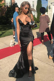 Niulatu Sheath Mermaid Strapless V Neck Black Satin Slit Long Prom Dresses Formal Dress HZ1110