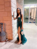 Niulatu Mermaid Sweetheart Dark Green Satin Tulle Sequin Beads Slit Long Prom Dresses Formal Dress HZ1110