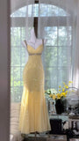 Niulatu Mermaid Sweetheart Pastel Yellow Satin Sequin Long Prom Dresses Formal Dress HZ1110