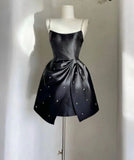 Niulatu A Line Spaghetti Straps Black Satin Beads Short Homecoming Dress 18th Birthday Outfits HZ1110