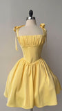 Niulatu Yellow A Line Bow Straps Square Satin Short Homecoming Dress 18th Birthday Outfits HZ1110