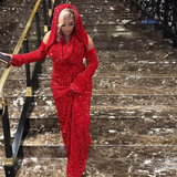 Niulatu Mermaid Halter Red Sequin Long Prom Dress With Gloves HZ1110